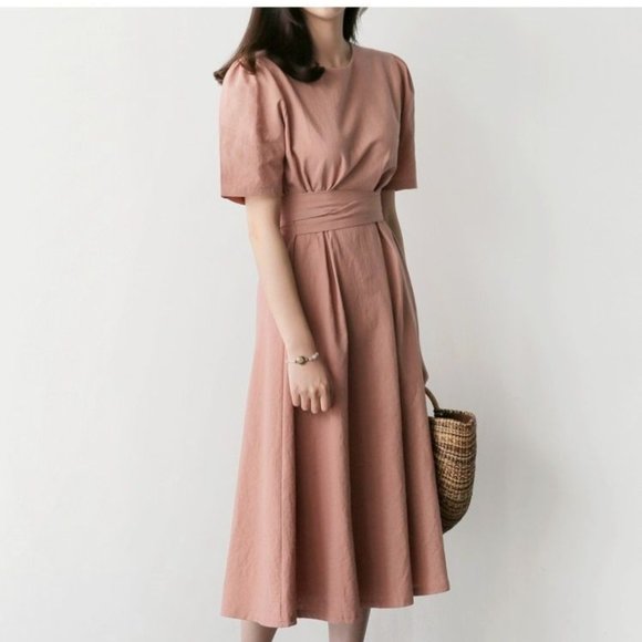 Pink Short-Sleeve Shift Midi A-line Dress - Picture 4 of 4